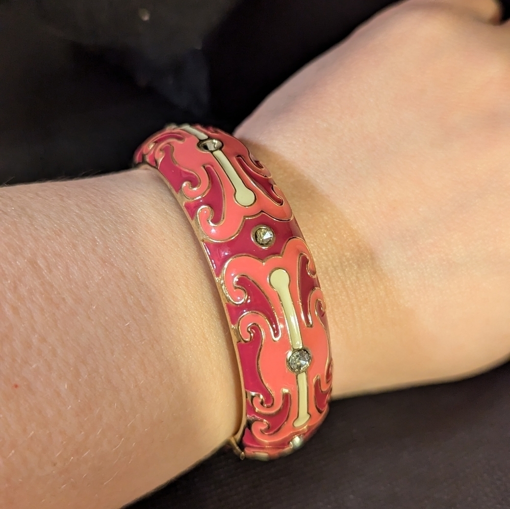 Gold Tone Pink Red White Enamel Clear Rhinestone Hinged Cuff Statement Bracelet